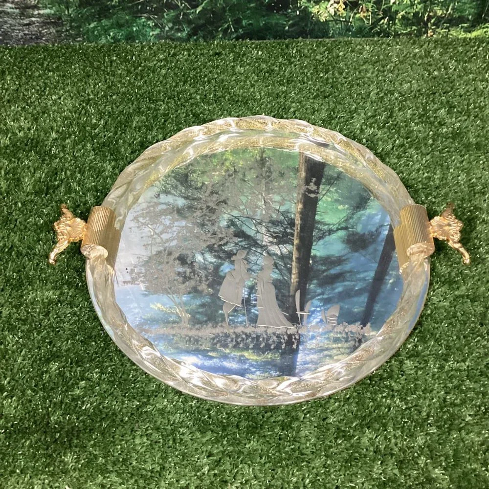 Vintage Murano Glass Serving Tray Etched Mirror 24kt Gold Flecks